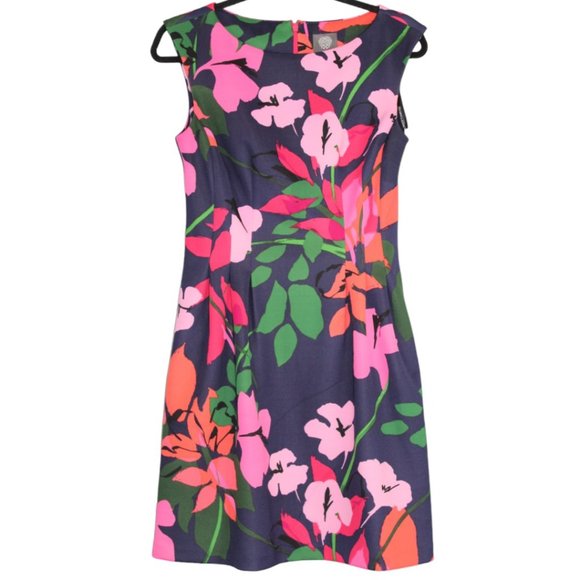 Vince Camuto 6 Floral Sleeveless Navy Blue Pink Fit & Flare Pockets Mini Dress - Picture 3 of 13